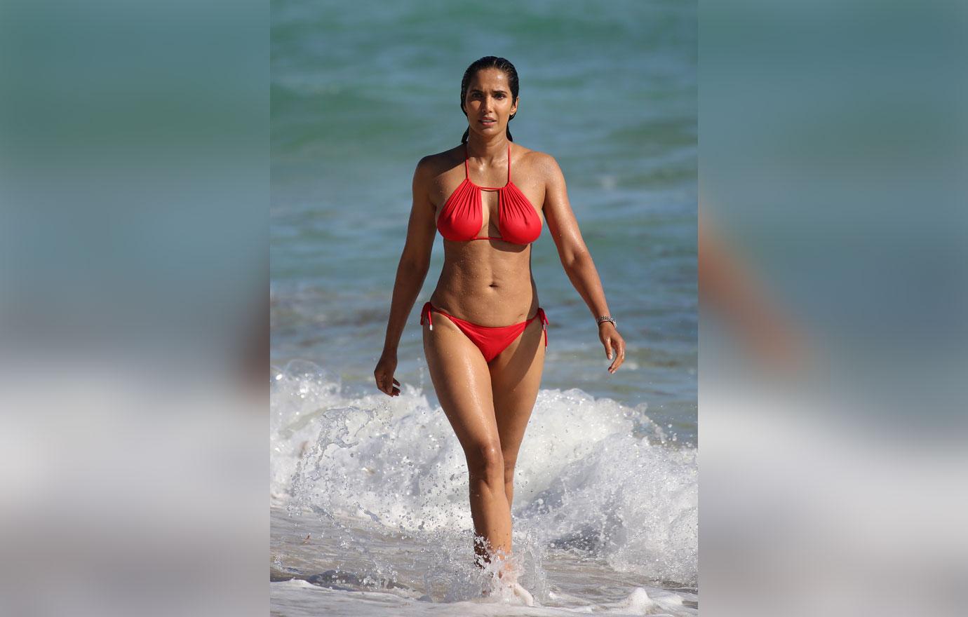 Padma Lakshmi Top Chef Host Heats Up Miami In Tiny Red Bikini