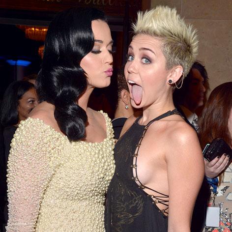 Miley Cyrus Shows Some Side Boob Vamps With Katy Perry At Pre Grammy Bash
