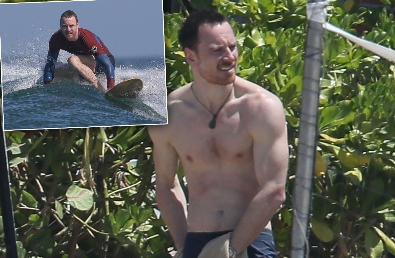 A Shirtless Michael Fassbender Shows Off Abs At The Beach