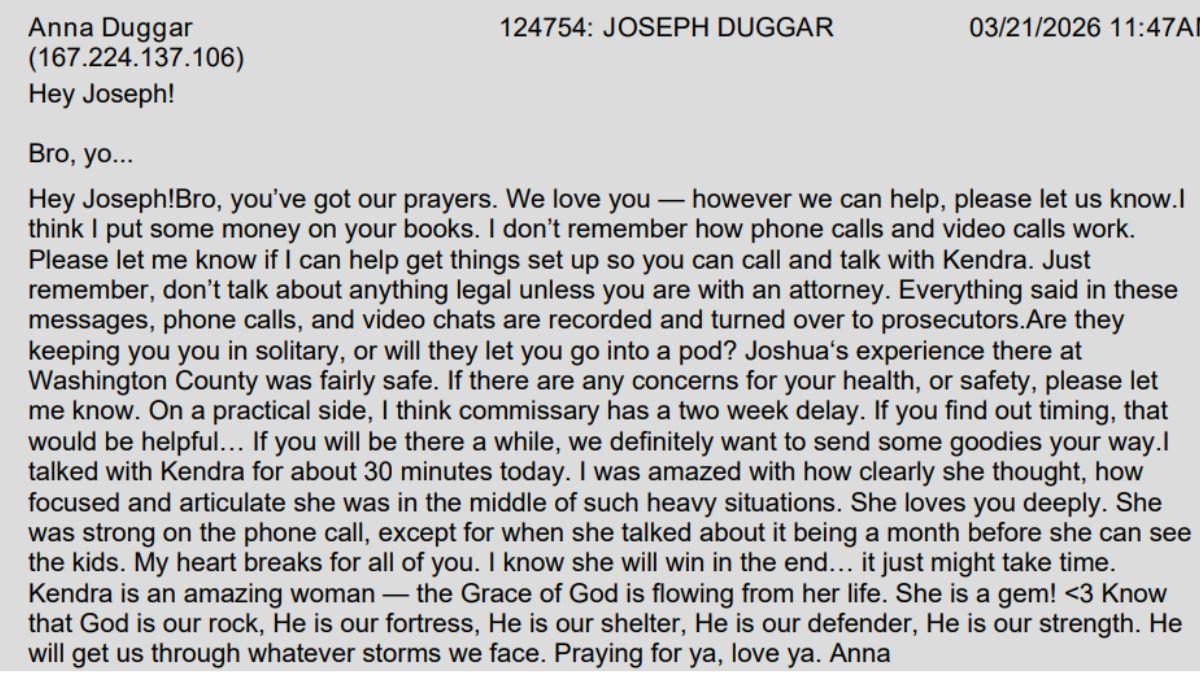 Anna Duggar sent Joseph an email giving him tips on surviving the .big house'.