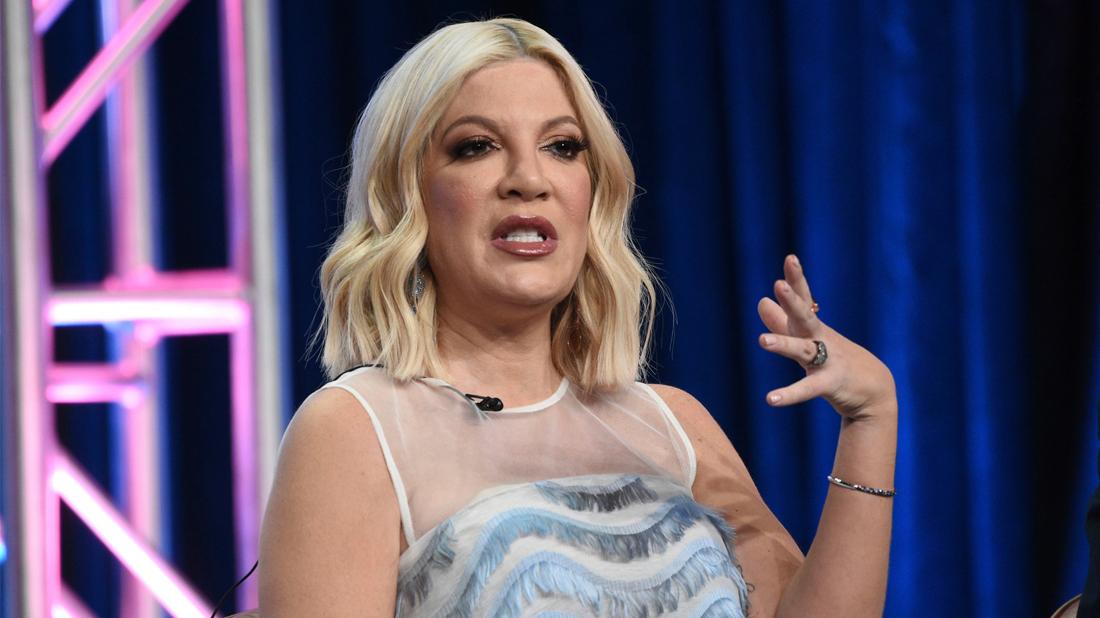 Tori Spelling speaks in Fox's "BH90210" panel