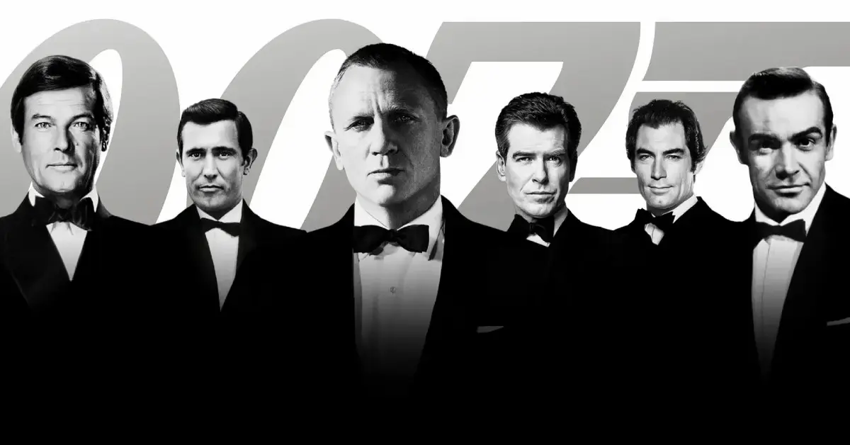 Photo collage of actors who played 'James Bond' like Daniel Craig and Pierce Brosnan