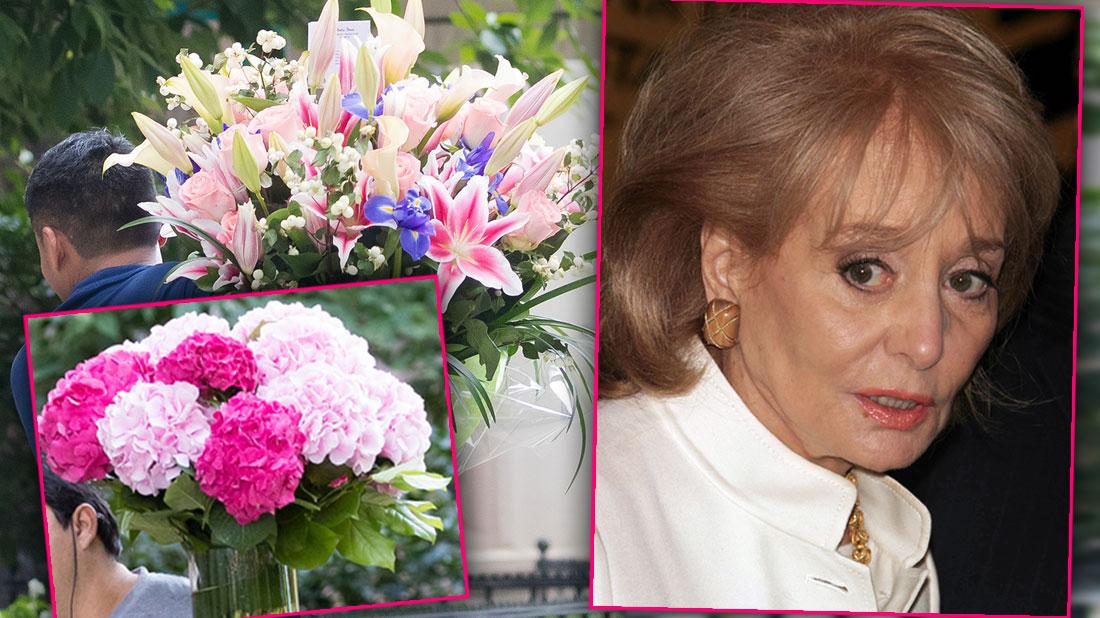 Two Photos Of Flowers Being Delivered To Barbara Walters' Home For Her 90th Birthday, Inset Of Barbara Walters Wearng White Jacket