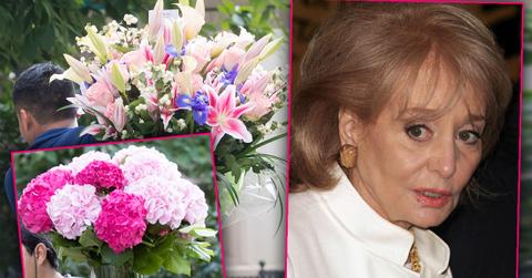 Two Photos Of Flowers Being Delivered To Barbara Walters' Home For Her 90th Birthday, Inset Of Barbara Walters Wearng White Jacket