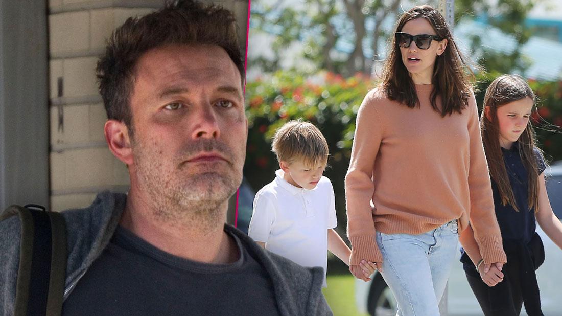 Unshaven Ben Affleck, Inset Jennifer Garner with Serafina and Samuel