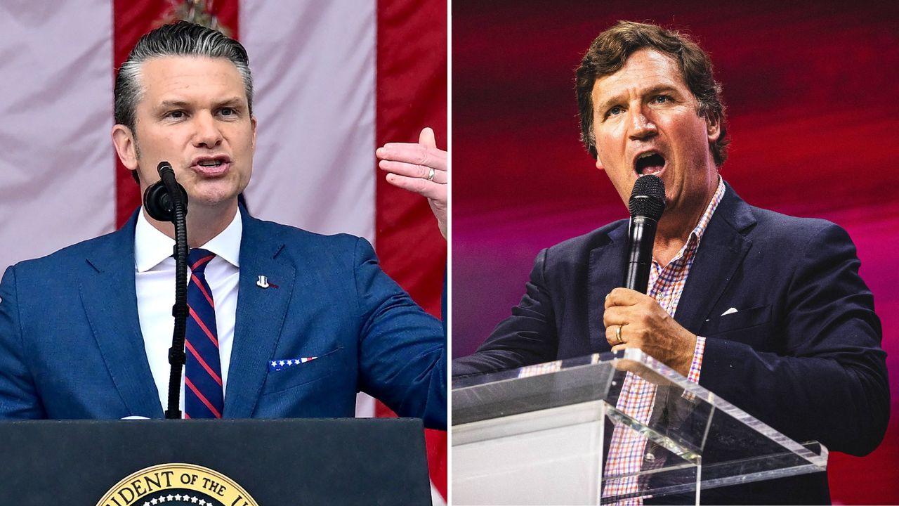 A photo of Pete Hegseth alongside a photo of Tucker Carlson