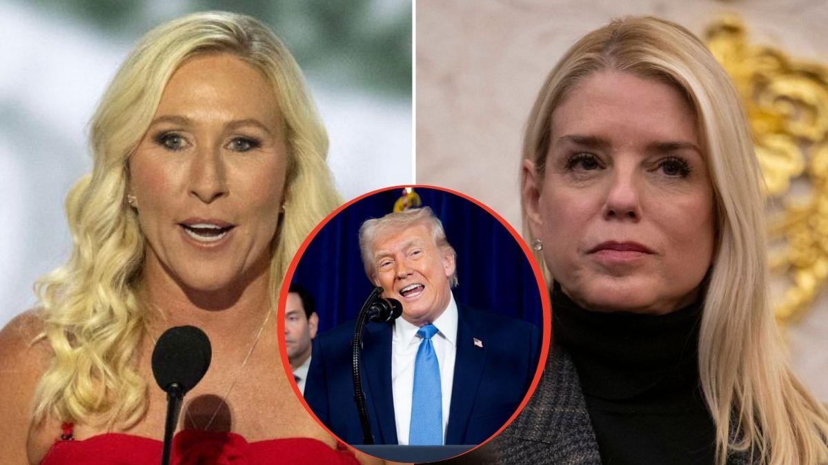 split image of Marjorie Taylor Greene / Pam Bondi / Donald Trump