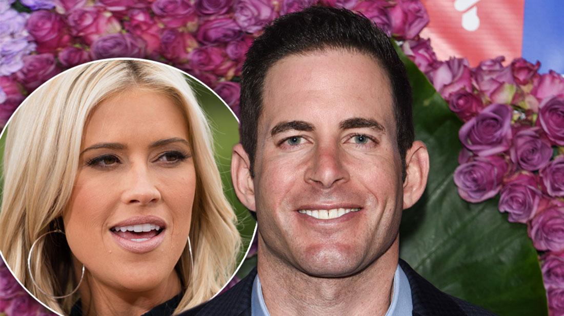 Inset Of Christina Anstead, Tarek El Moussa Smiling Wearing Dark Suit and Light Blue Shirt