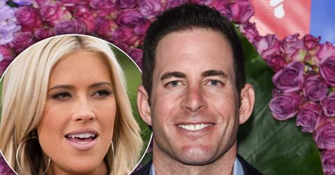 Inset Of Christina Anstead, Tarek El Moussa Smiling Wearing Dark Suit and Light Blue Shirt