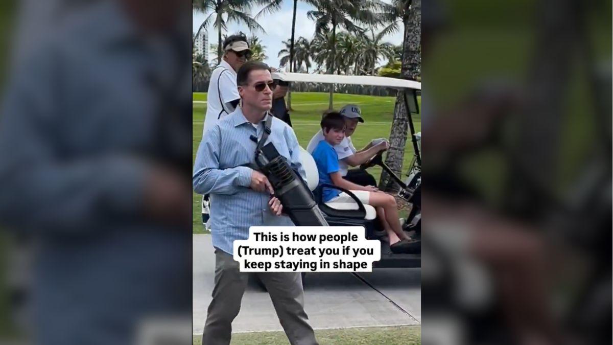 image of The president calls out to the woman, telling her she is 'in great shape.'