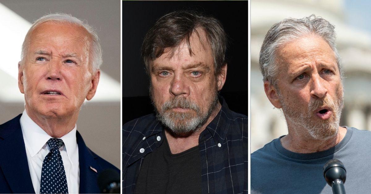 Composite photo of President Joe Biden, Mark Hamill and Jon Stewart