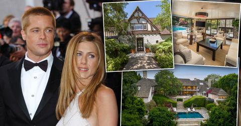 Brad Pitt Jennifer Aniston Home For Sale, Brad Pitt Wearing Black Tuxedo and Jennifer Aniston Wearing White Sleevless evening Gown, 3 Insets of Their Home