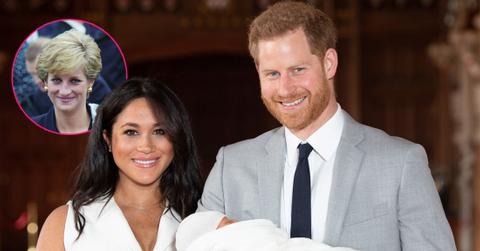 Prince Harry and Meghan Duchess of Sussex pose together with their newborn son Archie Harrison. Inset, Princess Diana during her visit to Plaistow.