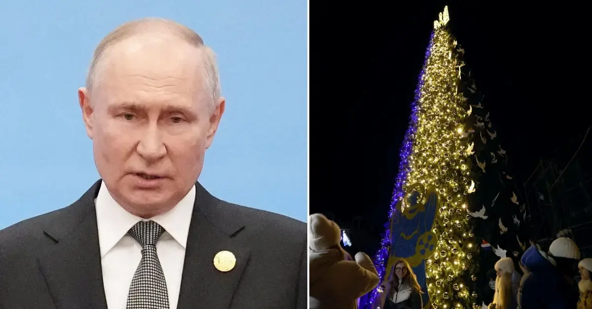 Split photo of Vladimir Putin and a christmas tree
