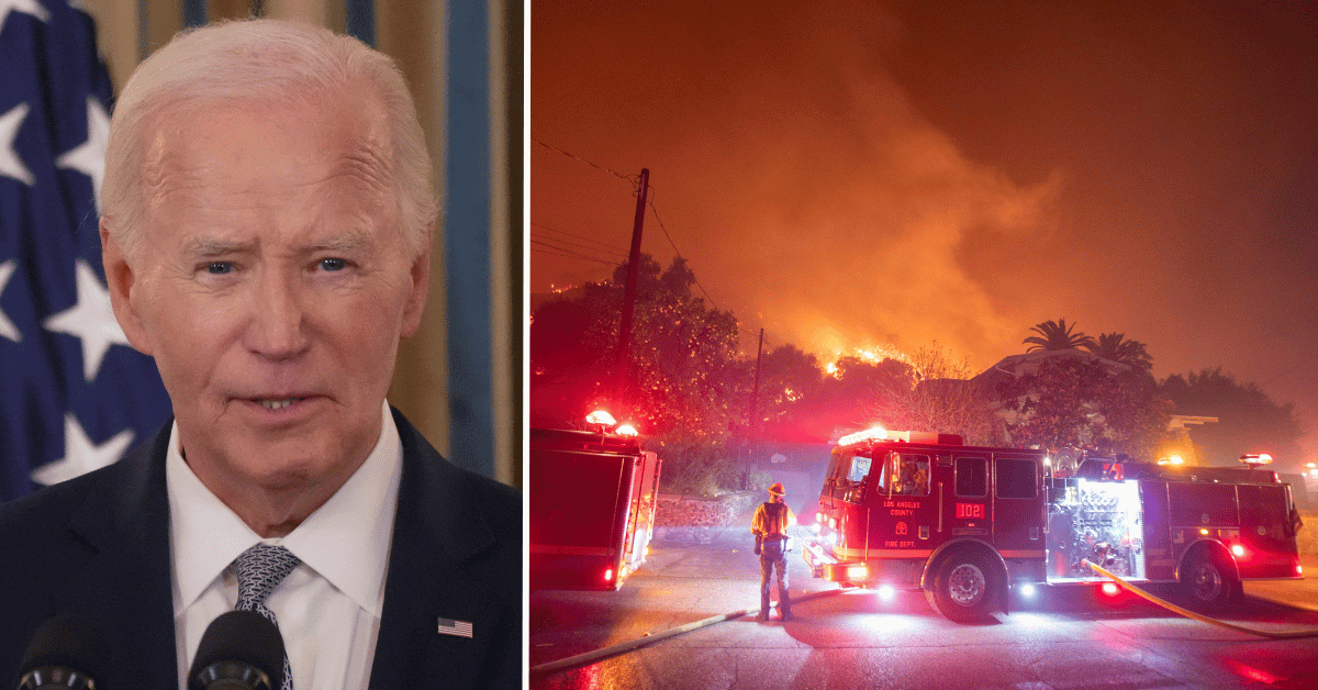 Composite photo of Joe Biden, Eaton Fire