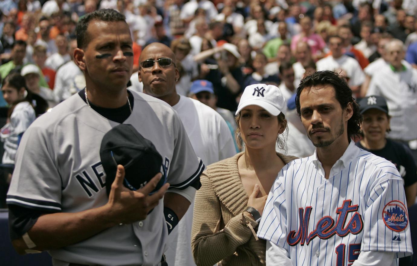 Jennifer Lopez and husband Marc Anthony with New York Yankee Alex Rodriguez before a subway series game between the New York Mets and the New York Yankees at Shea Stadium in Queens, New York on Saturday May 21, 2005. The Mets beat the Yankees 7-1.