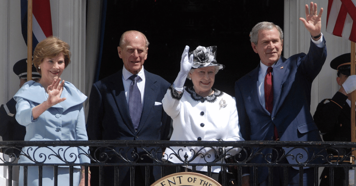 Photo of Laura Bush, Prince Philip, Queen Elizabeth II and President George W. Bush