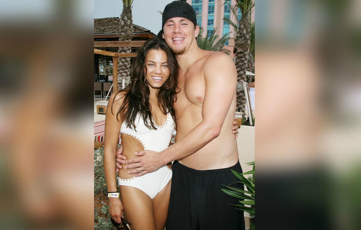 Channing Tatum wore black swim trunks and went shirtless while Jenna Dewan wore a white swimsuit.