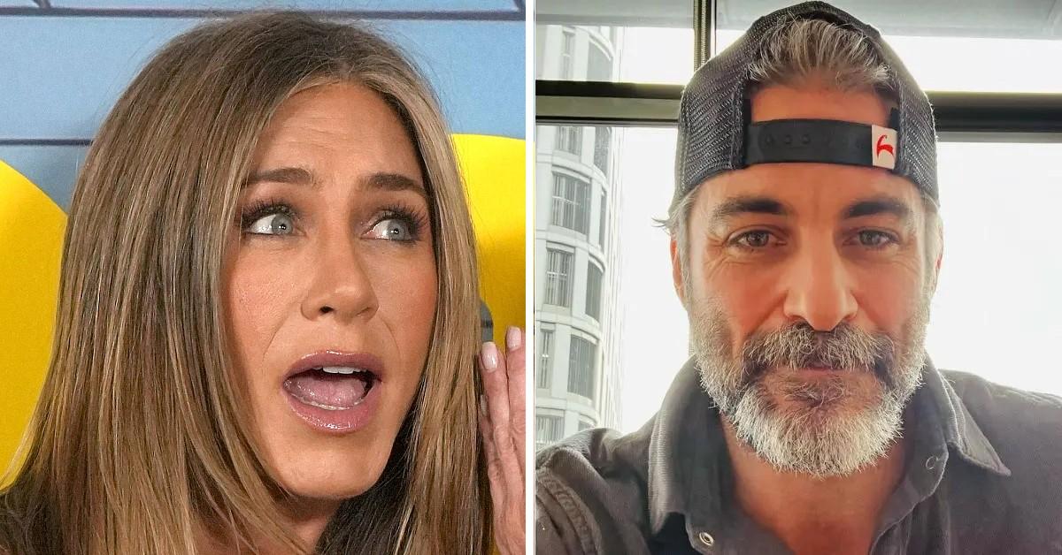 Split photo of Jennifer Aniston and Jim Curtis