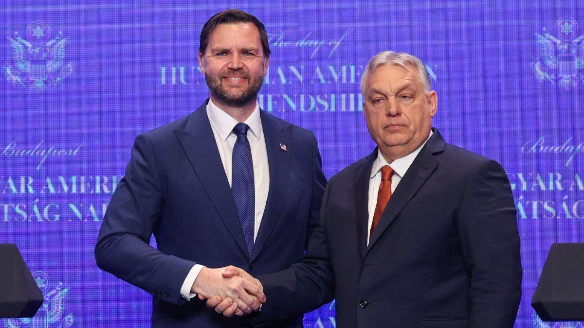 J.D. Vance shaking Viktor Orbán's hand before Hungarian election.