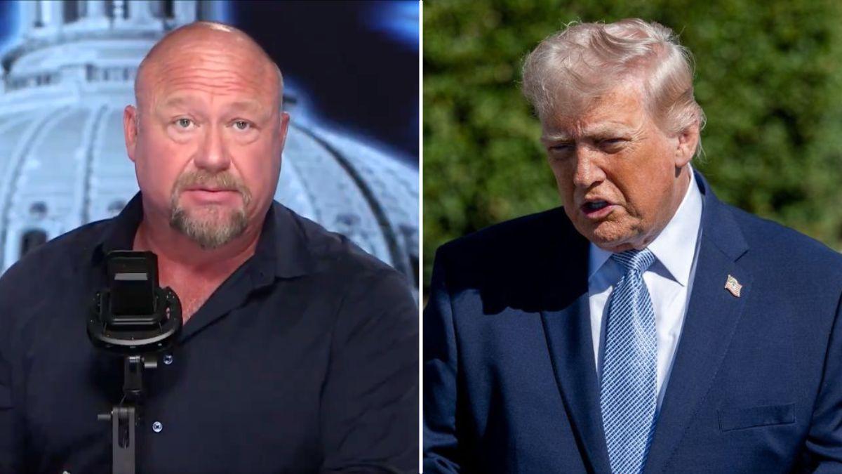 split image of Alex Jones and Donald Trump