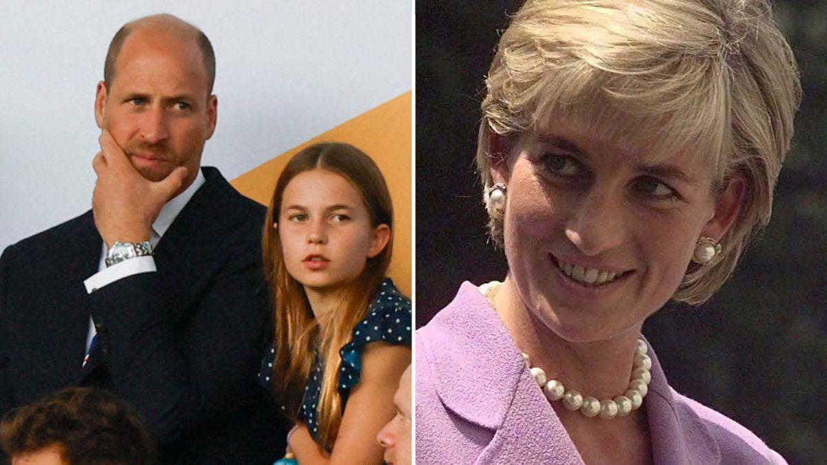 Split photo of Prince William, Princesses Diana and Charlotte