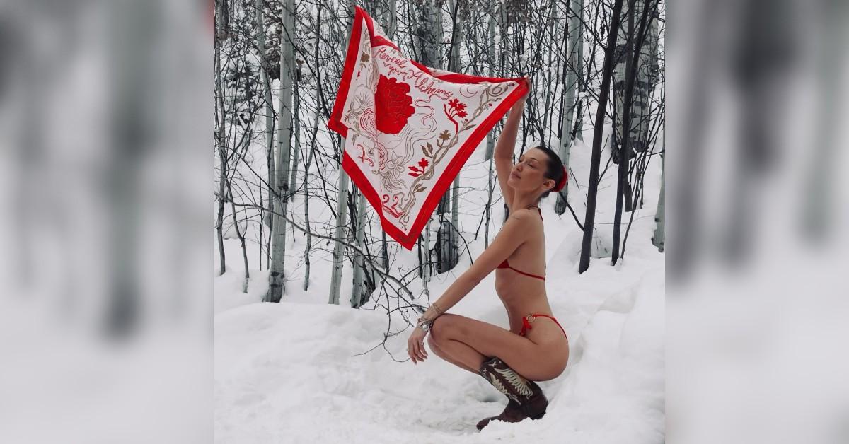 bella hadid risk frostbite bikini cowboy boots photoshoot valentines day bellahadid