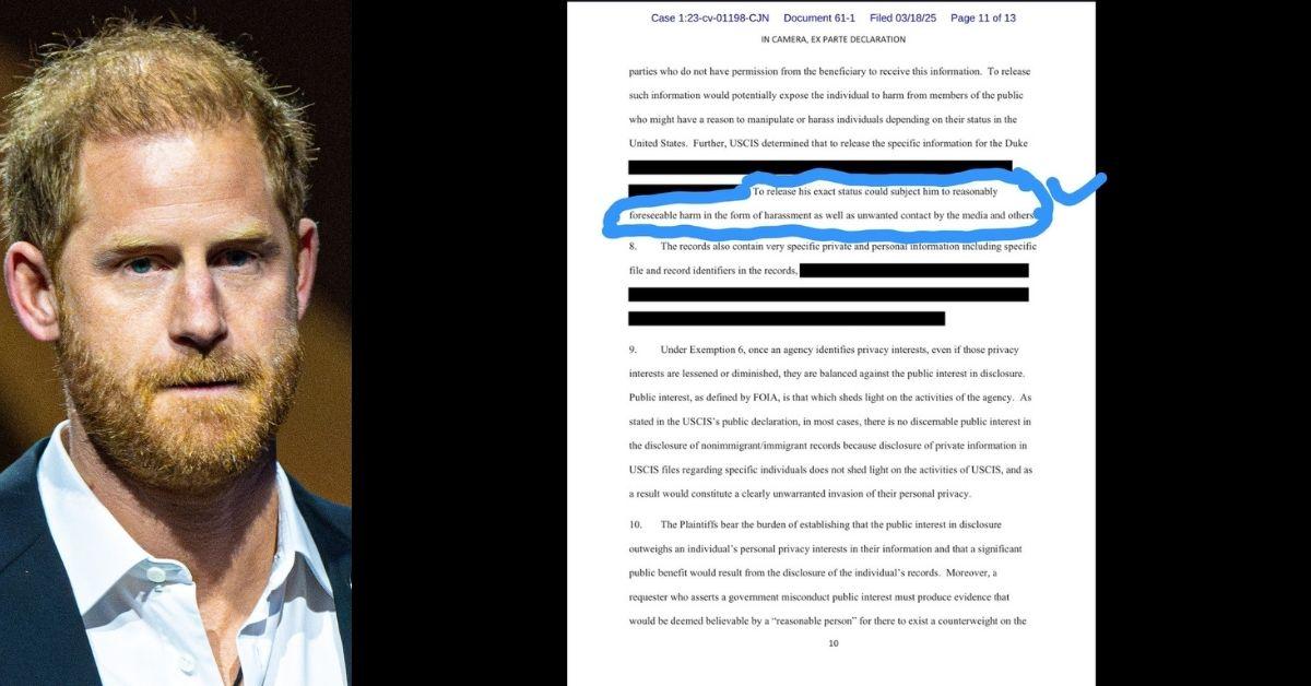 Split Ppoto of Prince Harry, redacted lawsuit