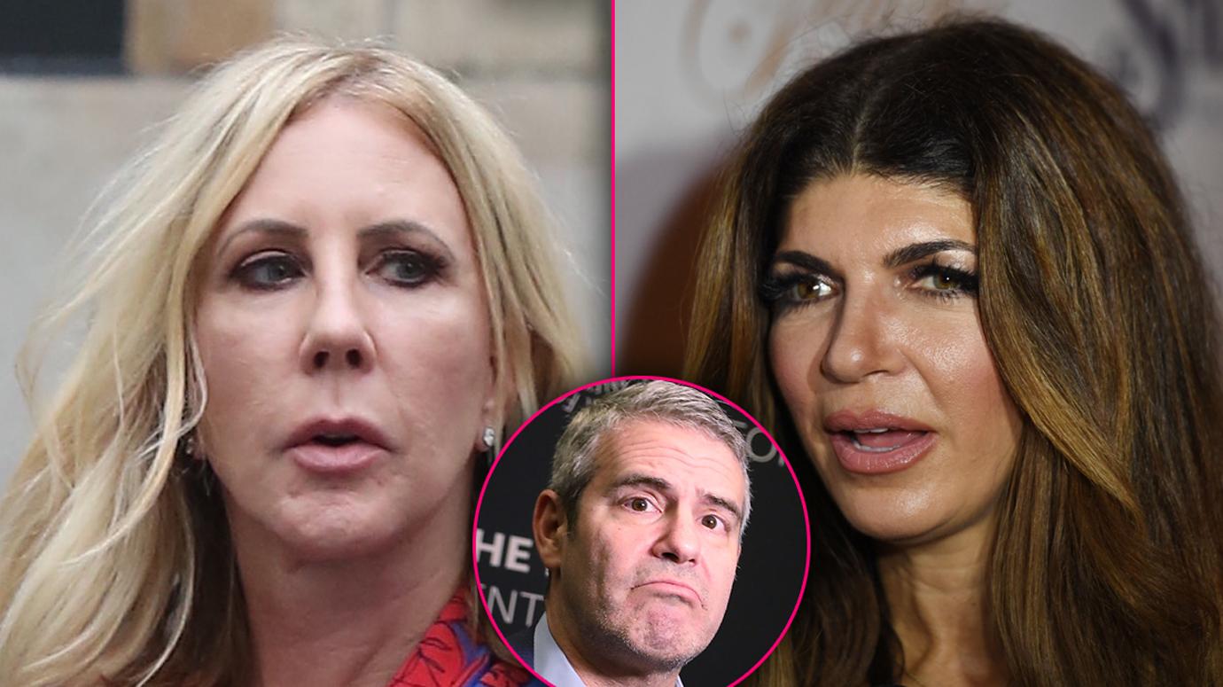 Vicki Gunvalson and Teresa Giudice Looking Upset Inset of Andy Looking Unbothered Andy Cohen's Nastiest Feuds Exposed