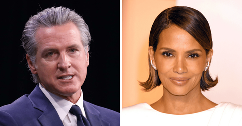 Split photo of Gavin Newsom, Halle Berry