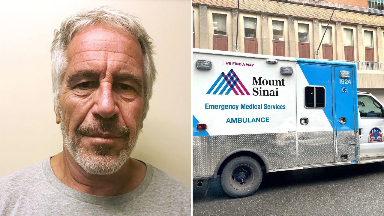 A photo of Jeffrey Epstein alongside a photo of a Mount Sinai ambulance