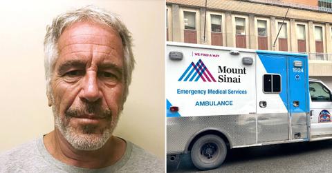 A photo of Jeffrey Epstein alongside a photo of a Mount Sinai ambulance