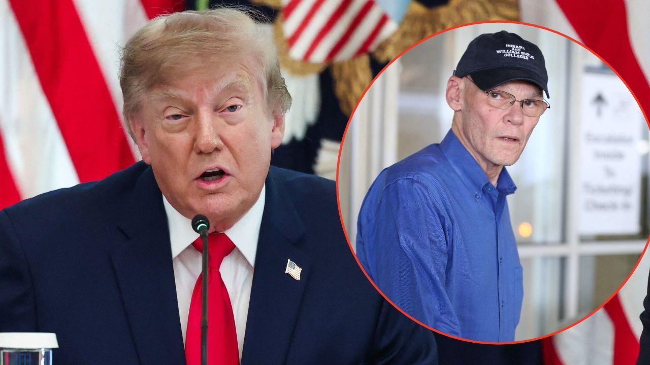 Split image of Donald Trump and James Carville