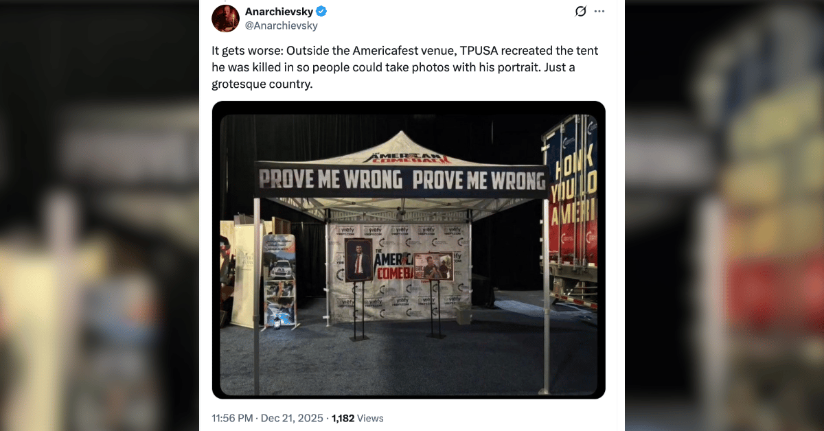 Photo of replica 'Prove Me Wrong' tent at TurningPoint USA's AmericaFest