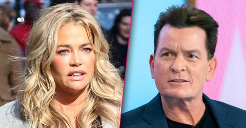 Denise Richards Closeup Looking Upset With Split of Closeup Charlie Sheen Looking Angry