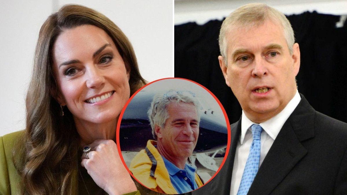 split image of Kate Middleton / Andrew Windsor / Jeffrey Epstein