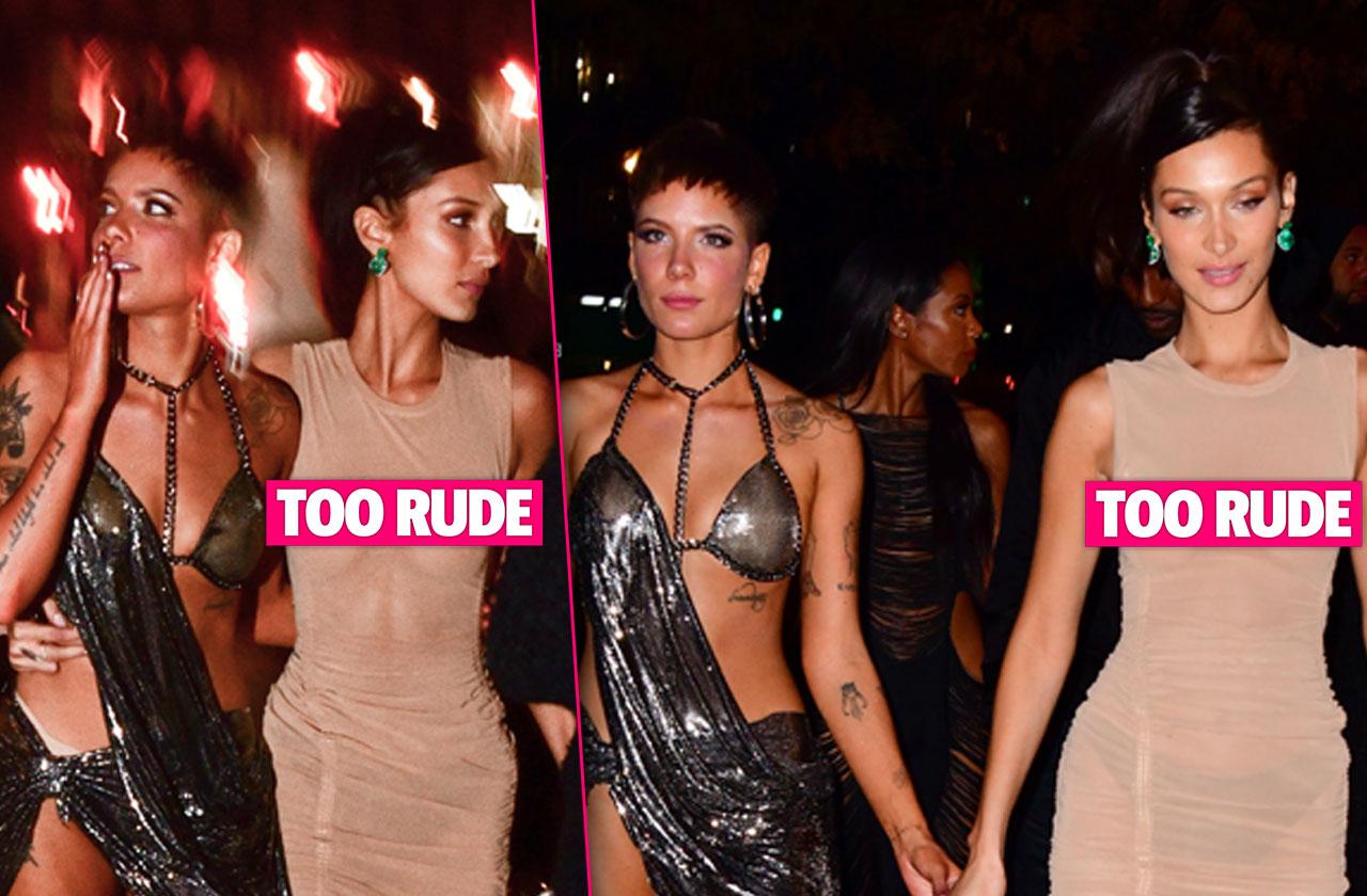 Bella Hadid Flashes Nipples In Tight Nude Dress