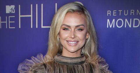 Smiling Lala Kent From Vanderpump Rules Wearing Brown Sparkled Taffeta Dress