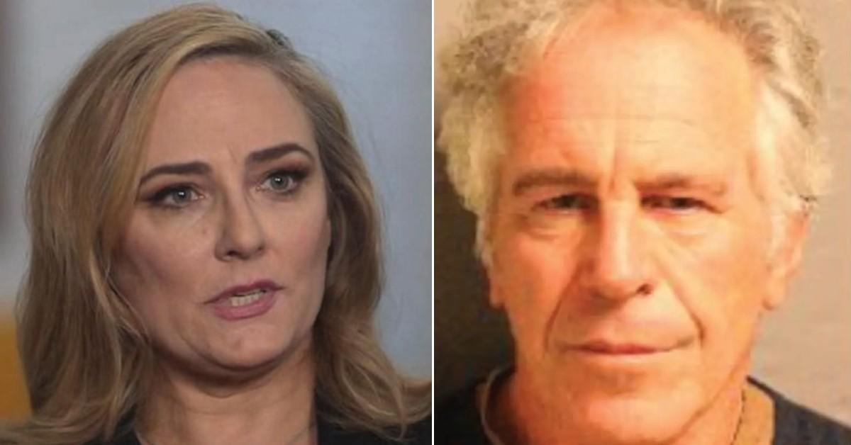 Split photo of maria Farmer, Jeffrey Epstein