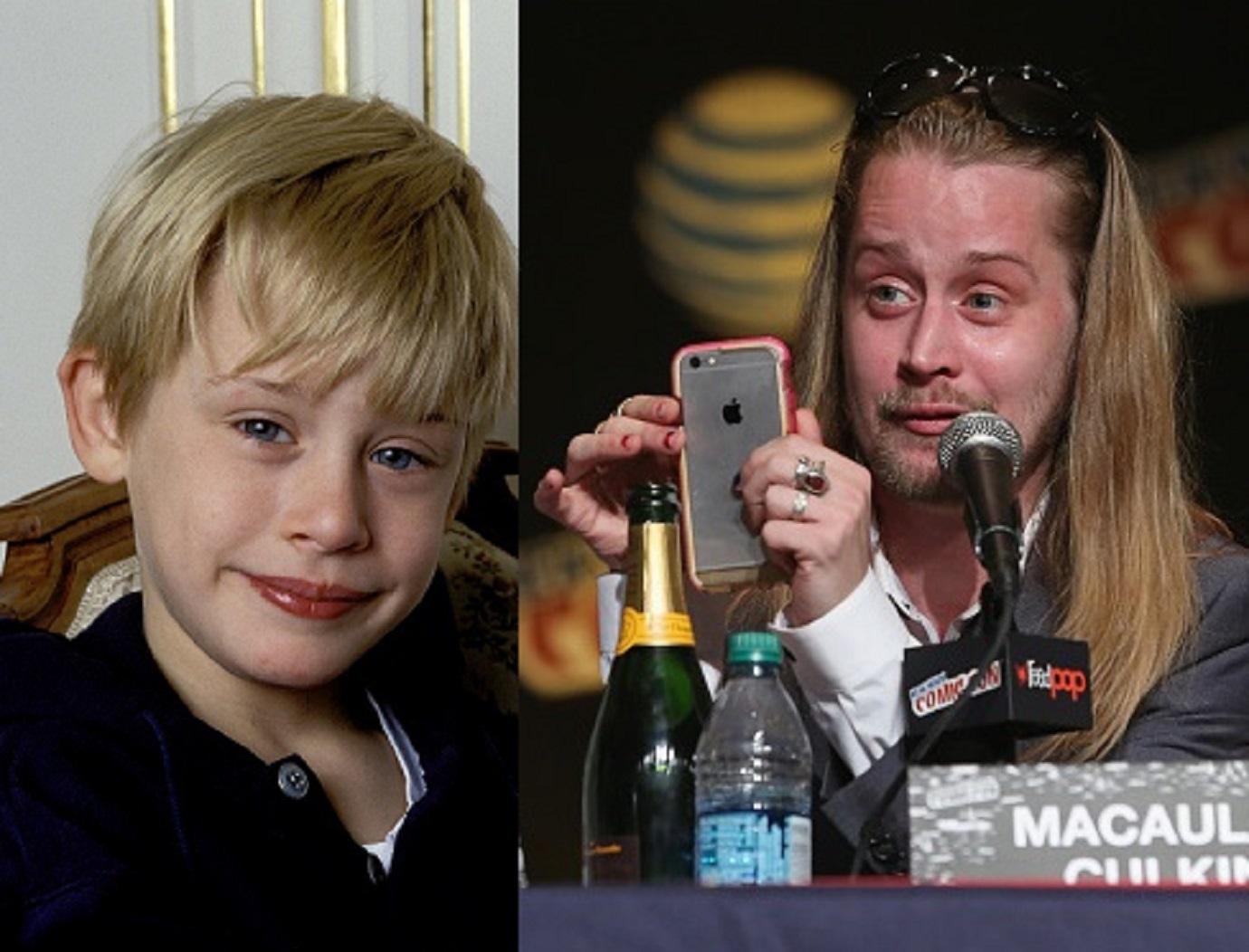 Young Macaulay Culkin smiles for a photo, older Macaulay Culkin holds his phone.