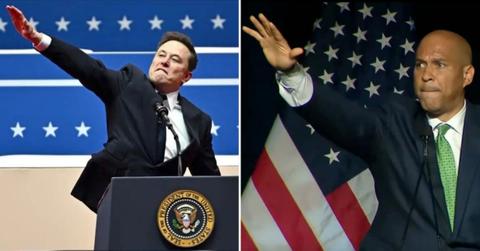 Split photo of Elon Musk, Corey Booker