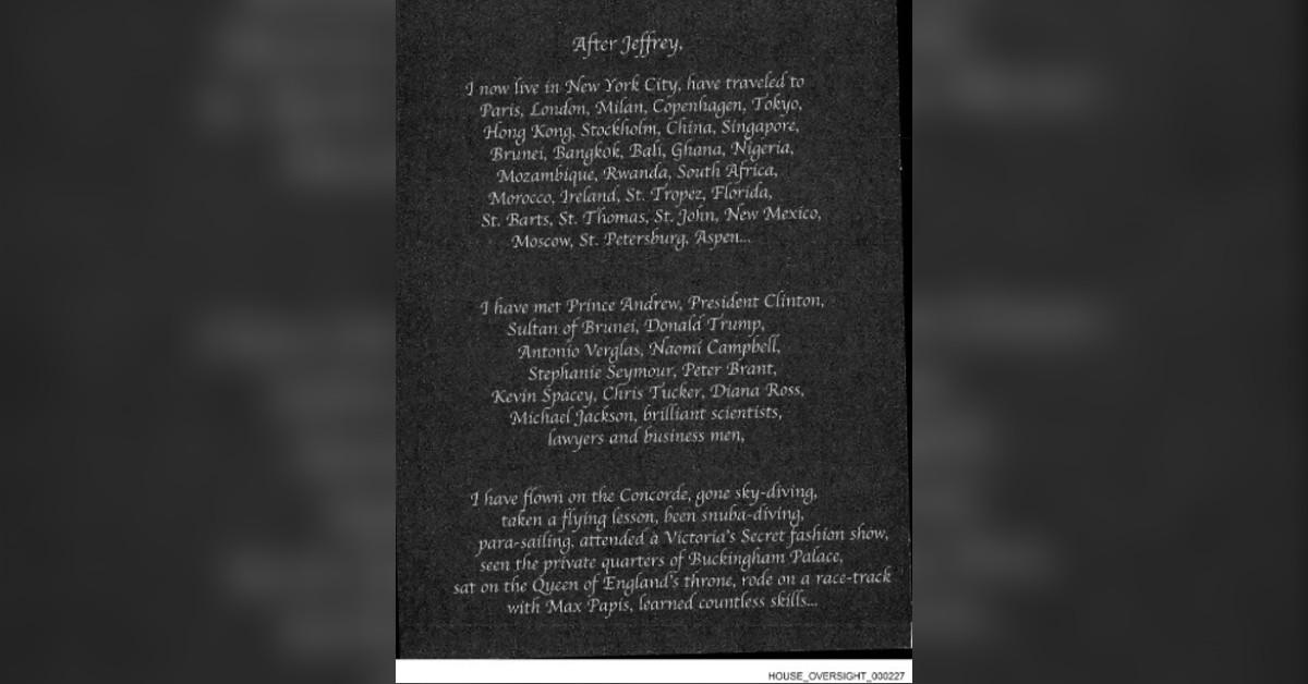 Photo of the birthday note by Ghislaine Maxwell