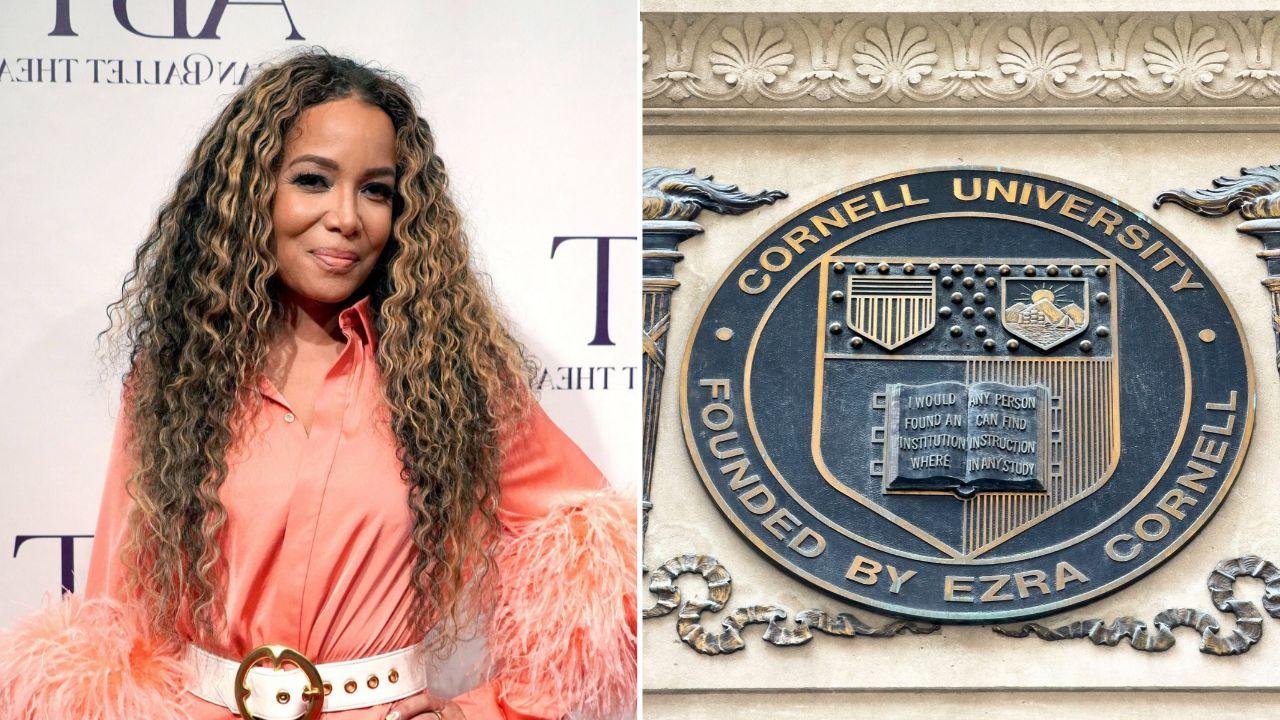 A photo of Sunny Hostin alongside a photo of the Cornell University emblem