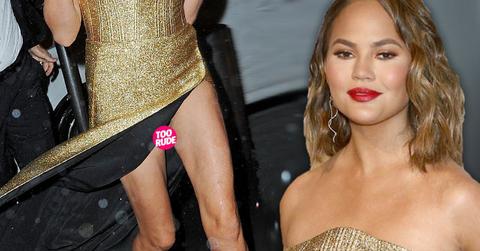 Chrissy Teigen Wardrobe Malfunction Gold Dress