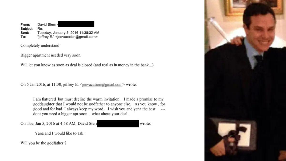 Photo of David Stern and screenshot of his email to Jeffrey Epstein