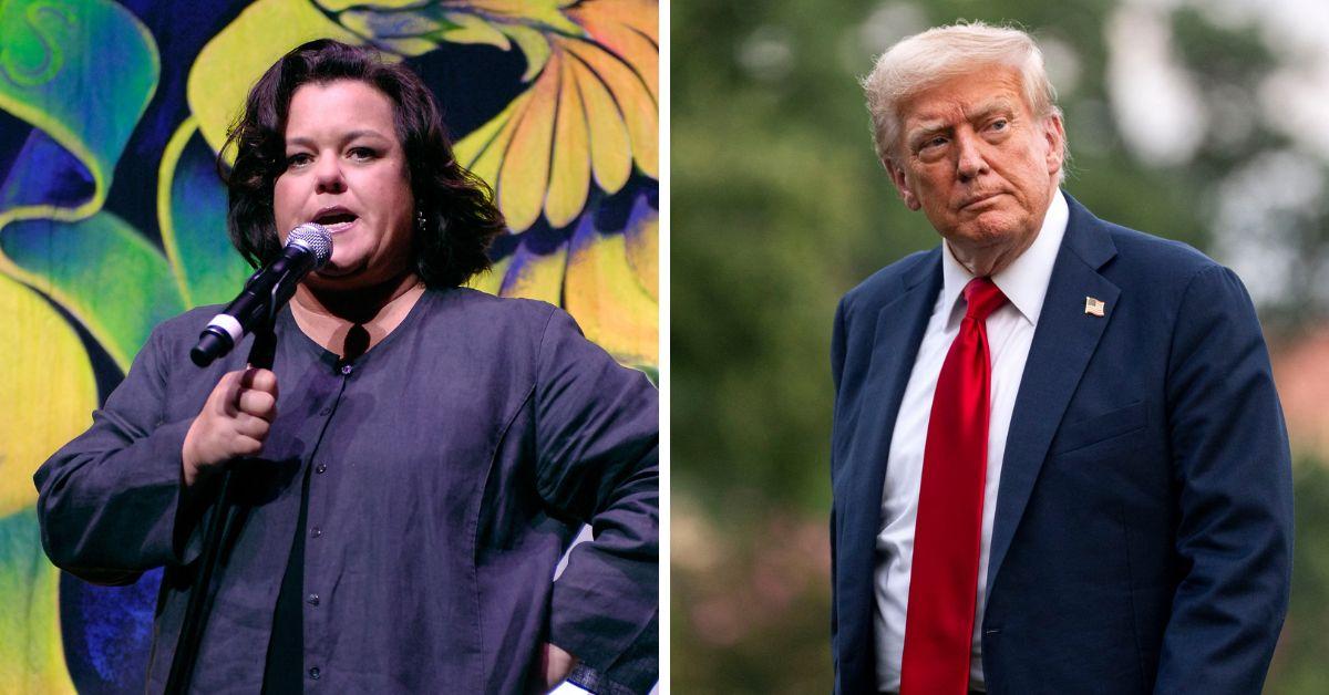 Split photo of Rosie O'Donnell, Donald Trump