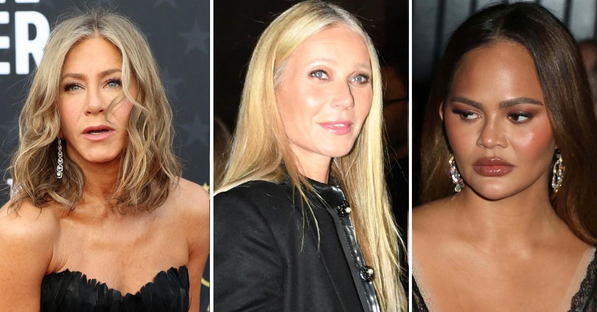 Split photo of Jennifer Aniston, Gwyneth Paltrow, Chrissy Teigen