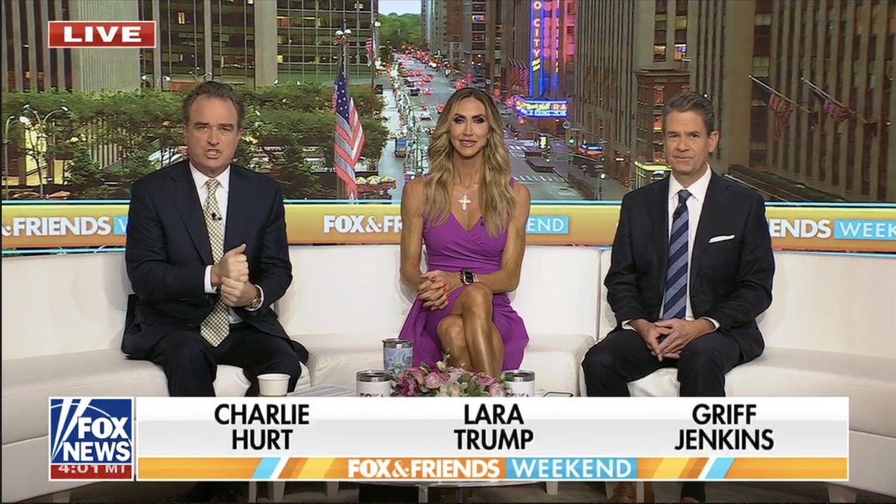 A photo of Charlie Hurt, Lara Trump, and Griff Jenkins