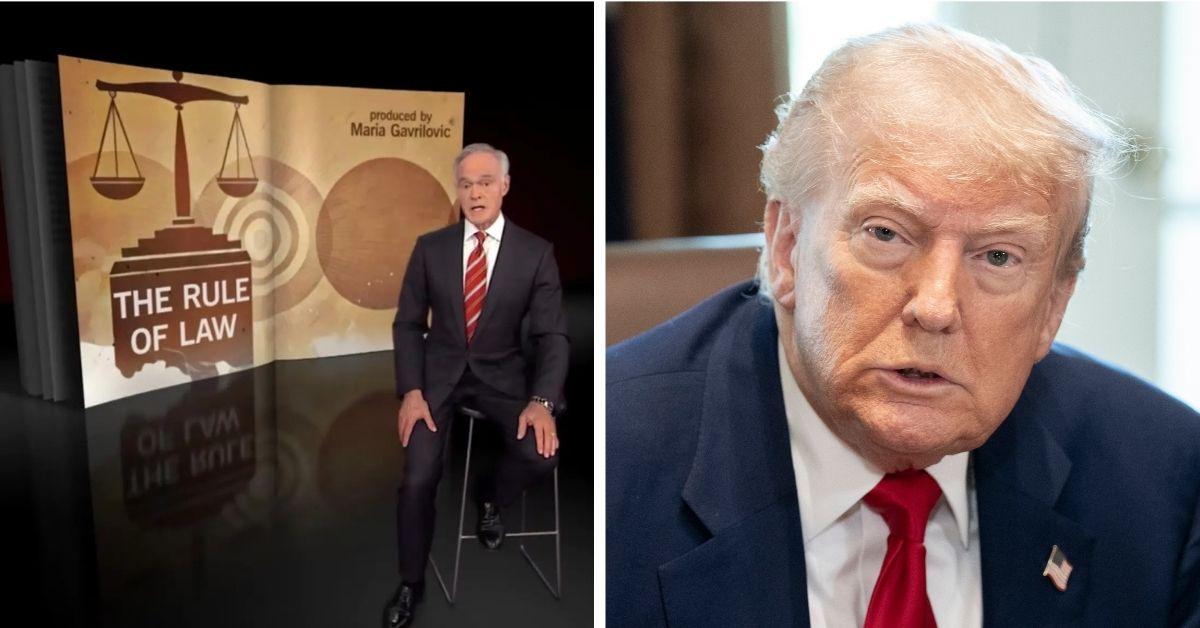 Split photo of Scott Pelley and Donald Trump