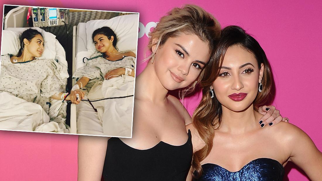 Selena Gomez and Francia Raisa Posing Smiling on Red Carpet With Inset of Them Holding Hands While In Hospital Beds After Surgery Wearing Hospital Gowns